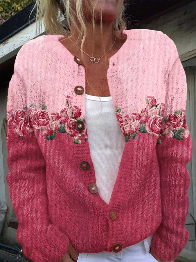 Women's Pink Floral Breast Cancer Awareness Print Buttoned Cardigan Sweater