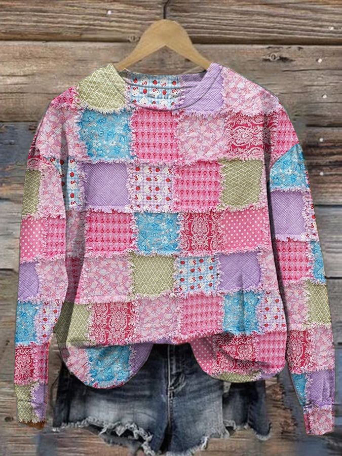 Women's casual pink patch print sweatshirt