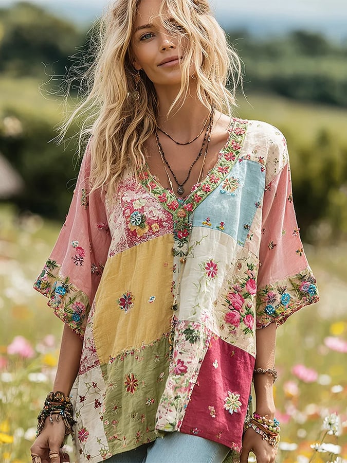 Women's Pink Rose Patches Art Vintage Design V-Neck Top