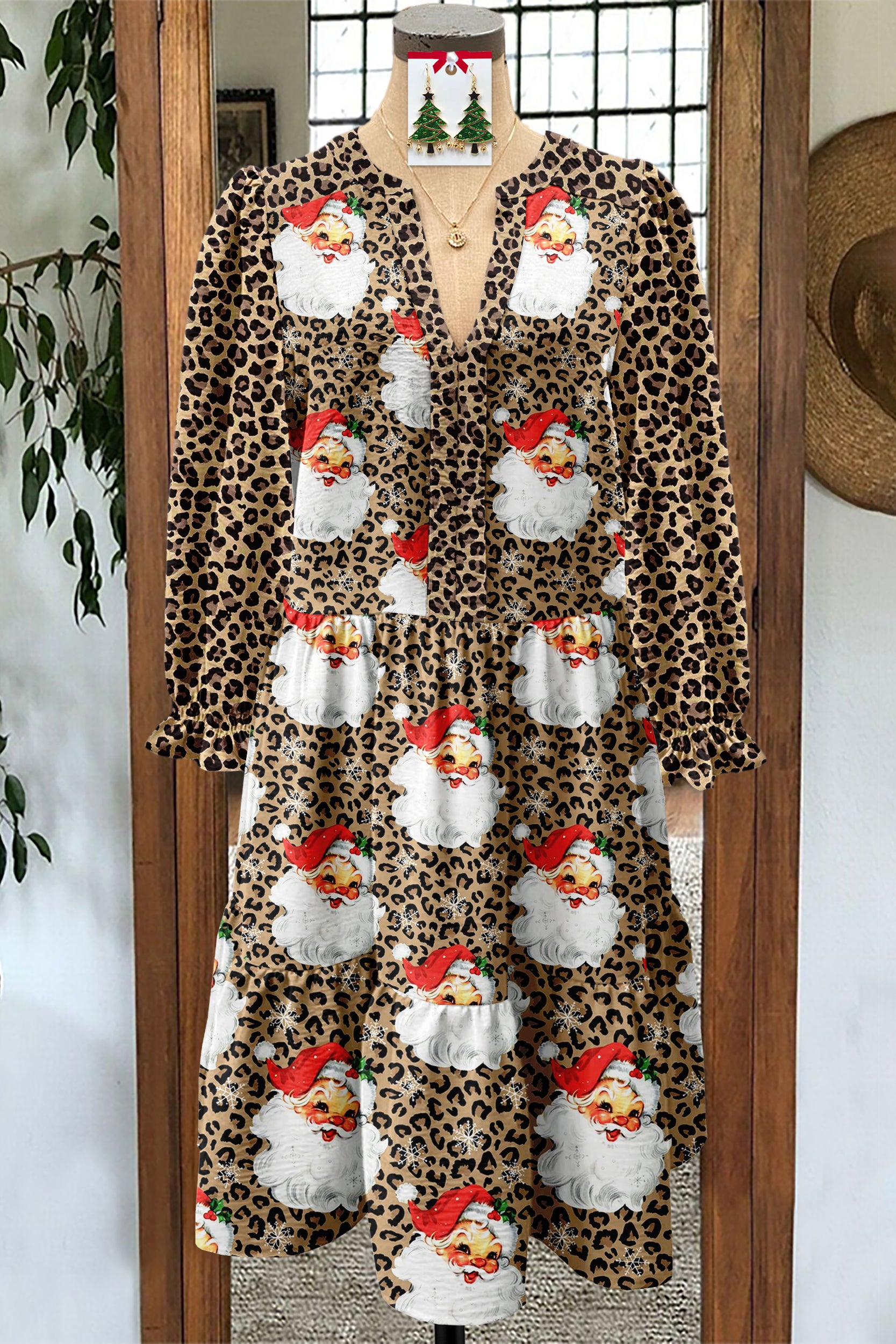 Classic Christmas Santa Claus Print Textured Dress