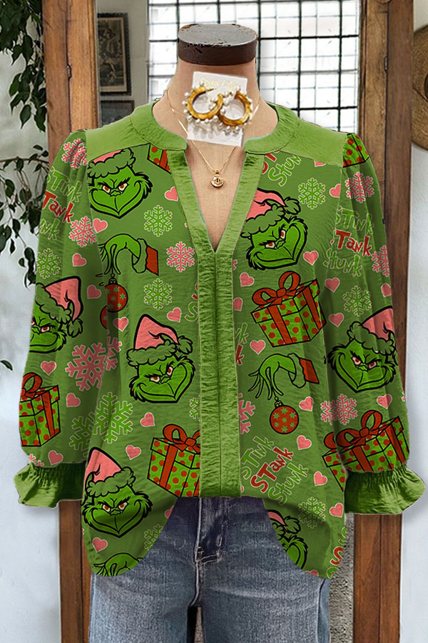 V-neck Grinch Christmas Print Puff Sleeve Blouse