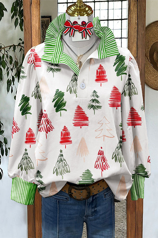 Pretty Christmas Tree Painted Striped Shirt
