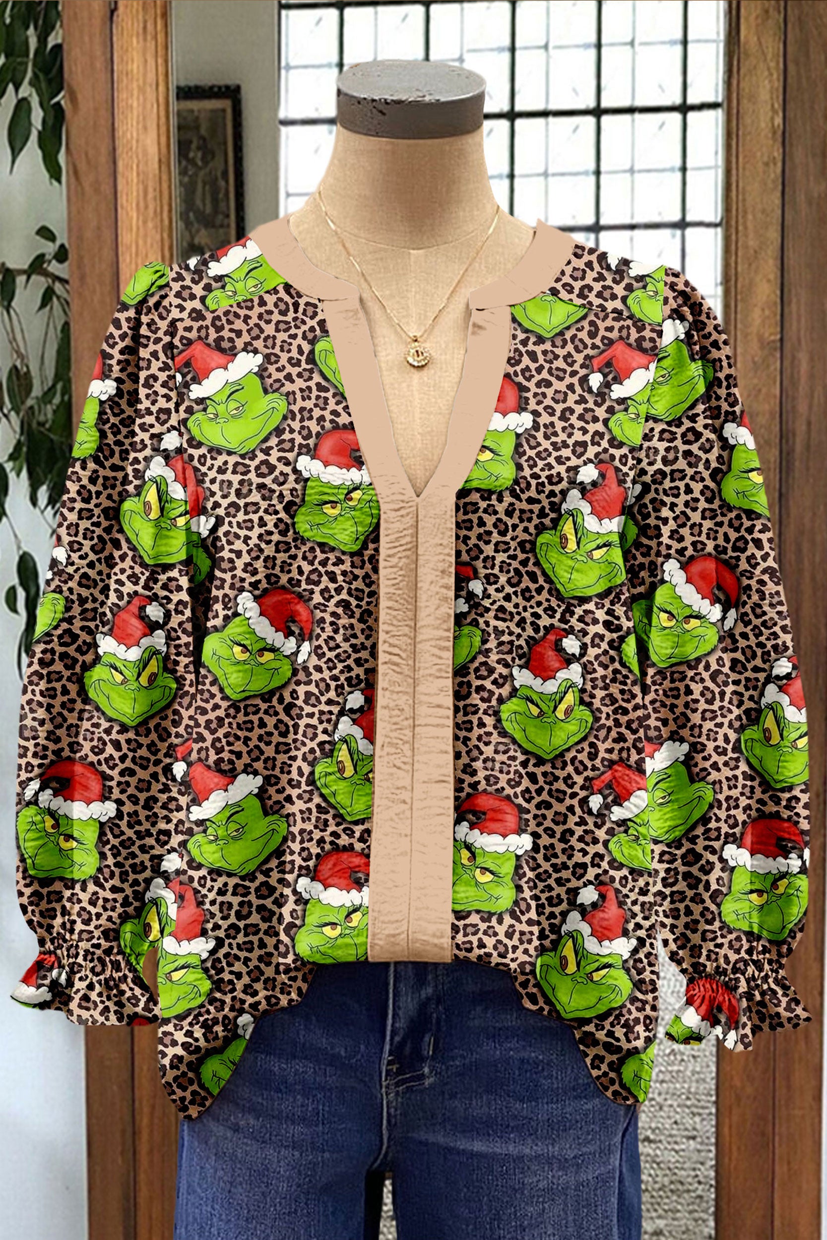 Christmas Grinch Leopard Print Contrast Panel V-neck Blouse