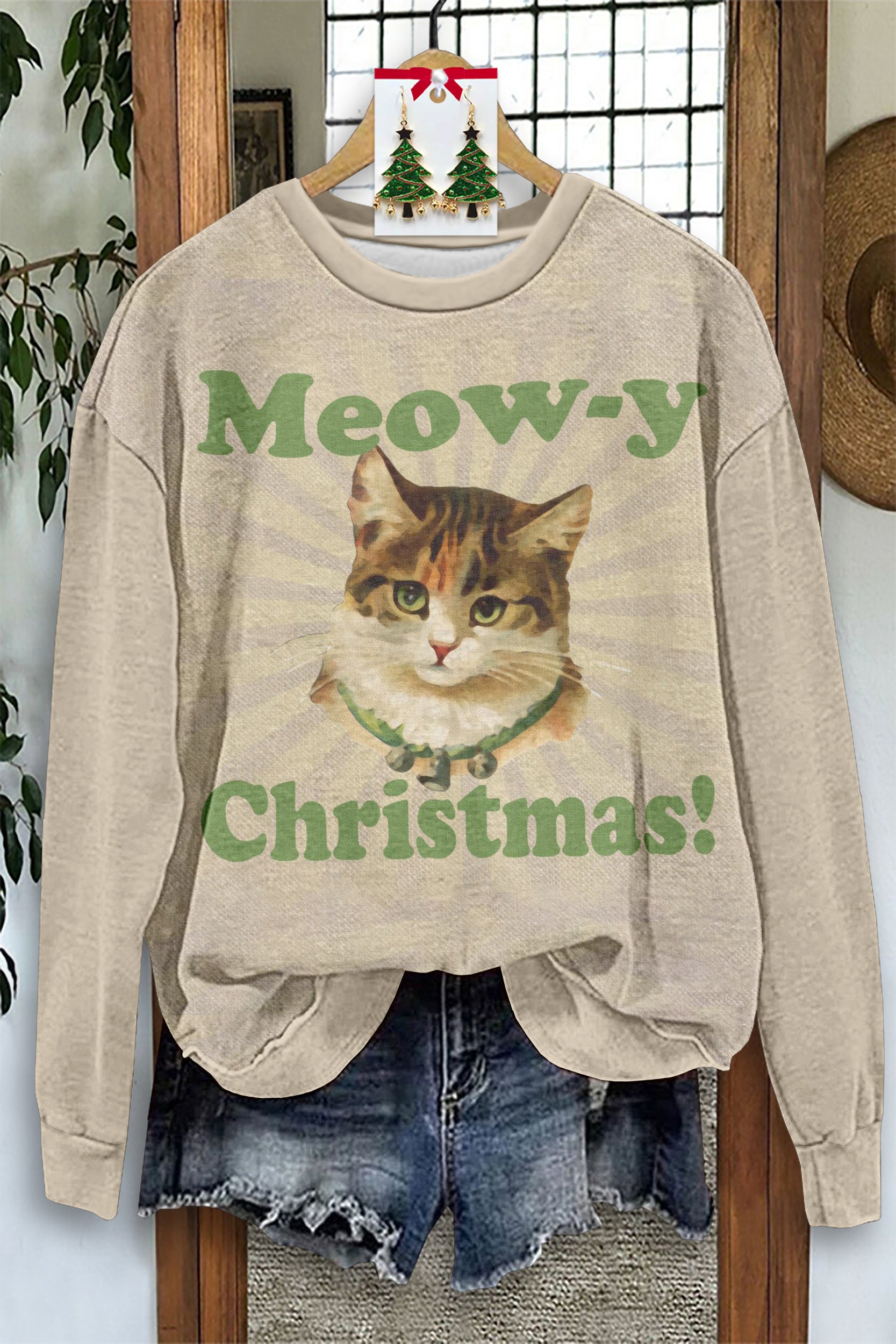 Cute Cat Christmas Print Long Sleeve Sweatshirt