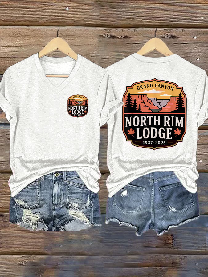 V-Neck Retro Grand Canyon Lodge North Rim Lodge 1937-2025 Print T-Shirt