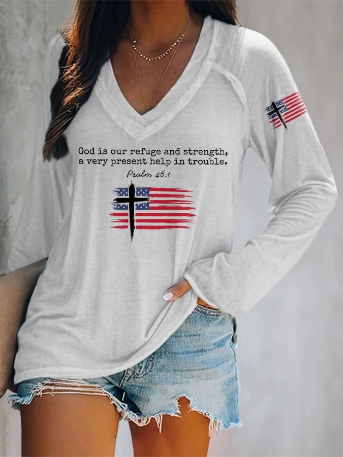 V-neck Retro God Is Our Refuge And Strength, A Very Present Help In Trouble Psalm 46:1 Print T-Shirt