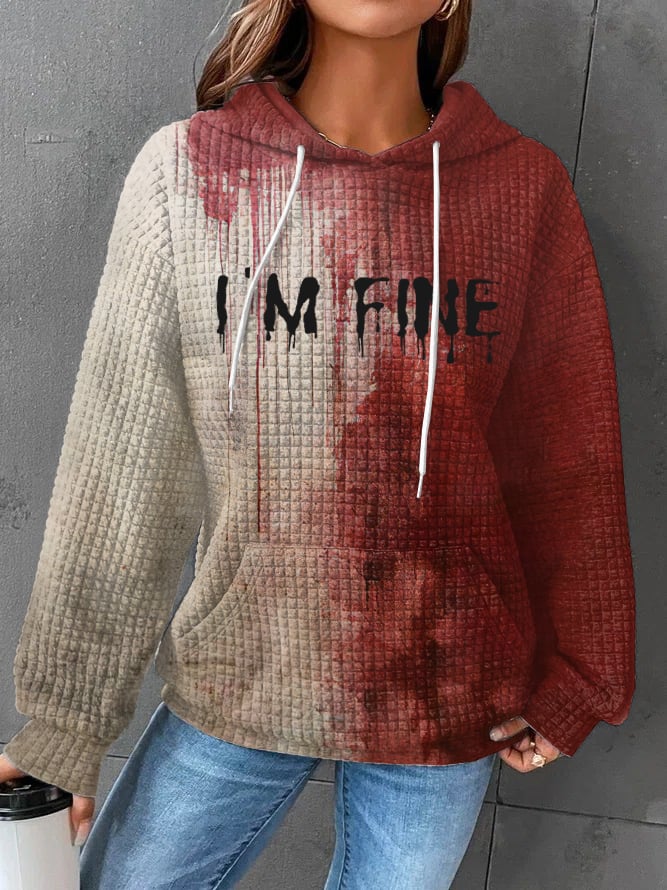 Women's Bloody I'm Fine Halloween Print Plaid Fabric Hooded Sweatshirt