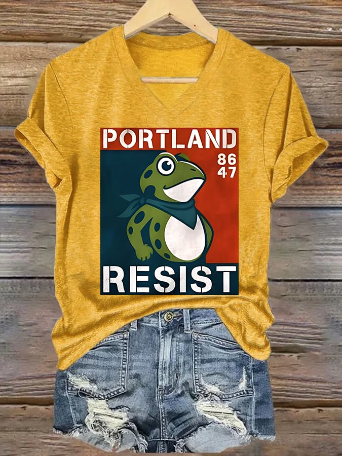 V-neck Women's  Portland Frog 8647 resist Print T-Shirt