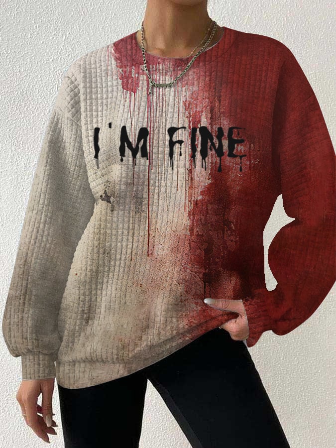 Women's Bloody I'm Fine Halloween Check Fabric Print Crew Neck Sweatshirt