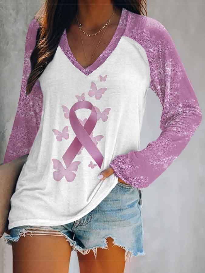 Women's Breast Cancer Floral Long Sleeve V Neck T-Shirt