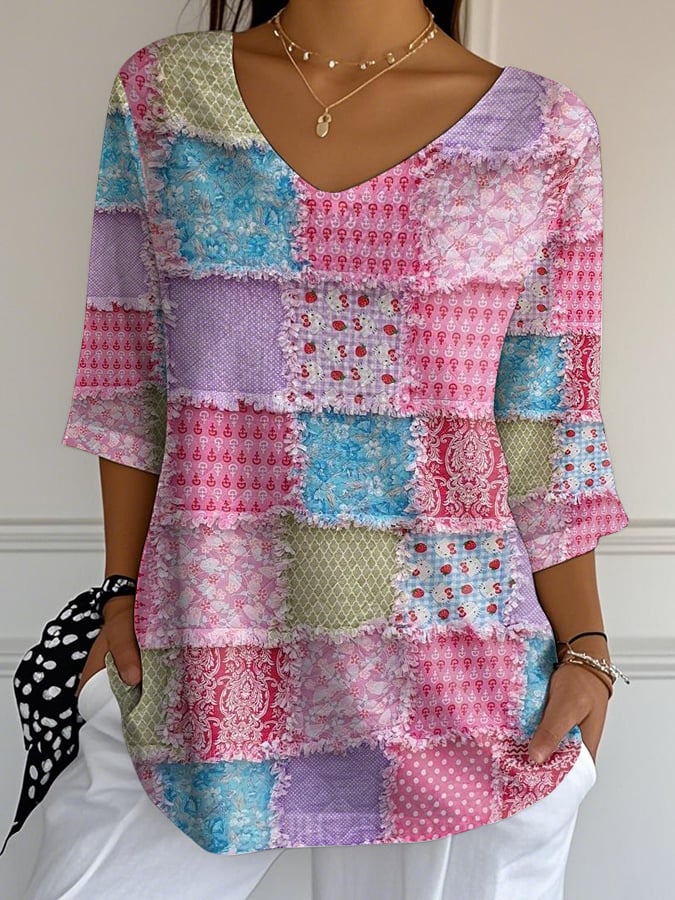 Women's Casual Pink Patchwork Print Bubble Wrinkle Top