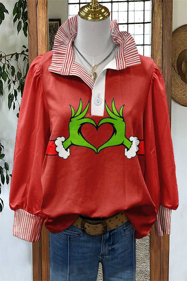 Classic Christmas Grinch Print Puff Sleeve Blouse