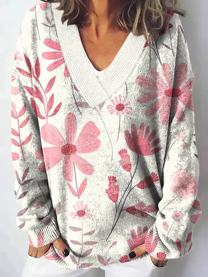 Women's Breast Cancer Pink Flower Print V-Neck Sweater