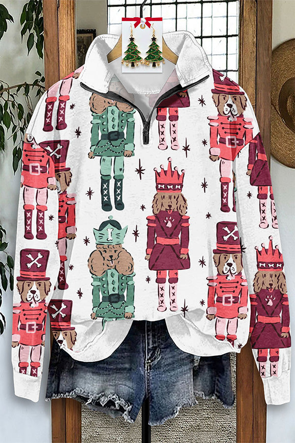 Vintage Santa Dog Nutcracker Print Zip-Up Sweatshirt