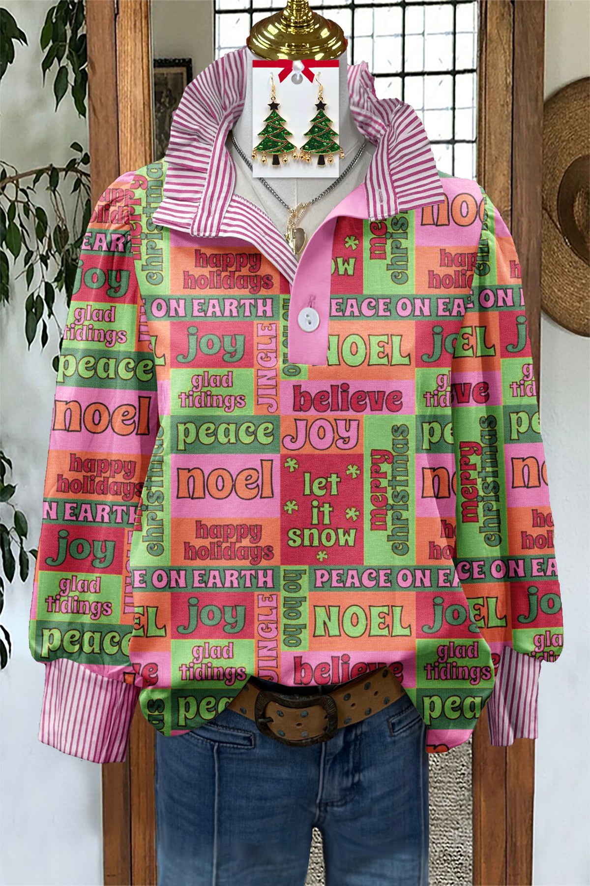 Cute Christmas Print Stand Collar Blouse