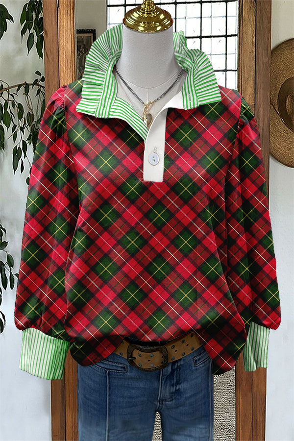 Classic Christmas Plaid Print Puff Sleeve Blouse