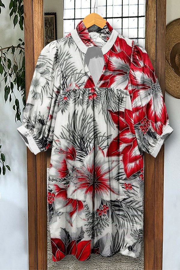Chic Christmas Floral Print Puff Sleeve Dress
