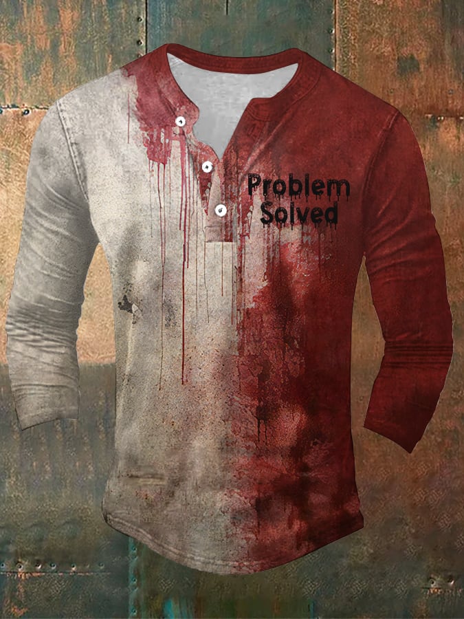 Men's Bloody Problem Solved Halloween Print Button-Down Long Sleeve Top