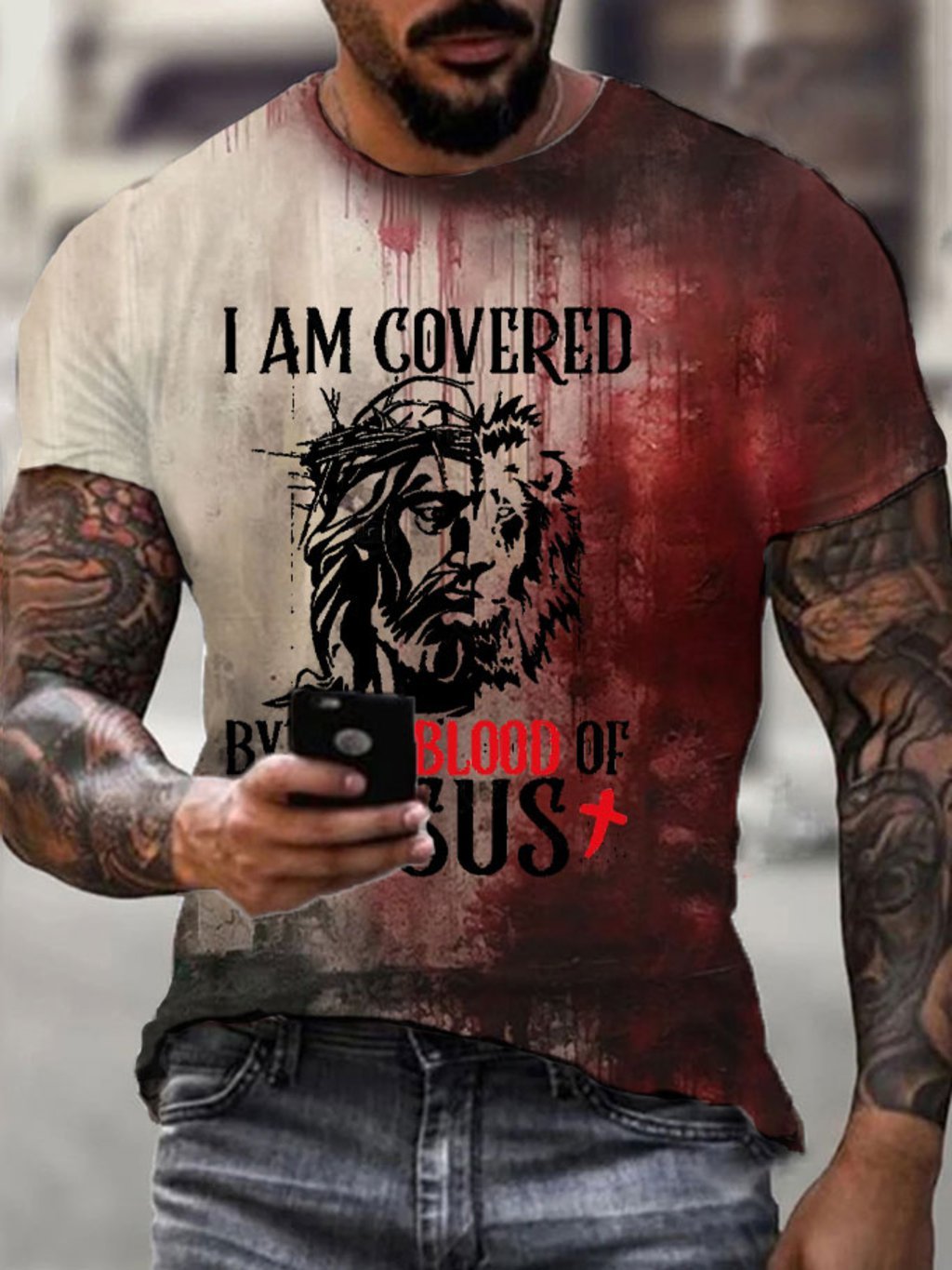 Men's Halloween Covered By The Blood of Jesus Bloody Print T-Shirt