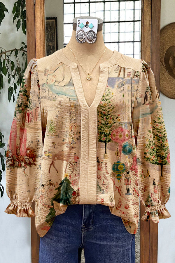 Puff Sleeve Contrast Christmas Print Blouse