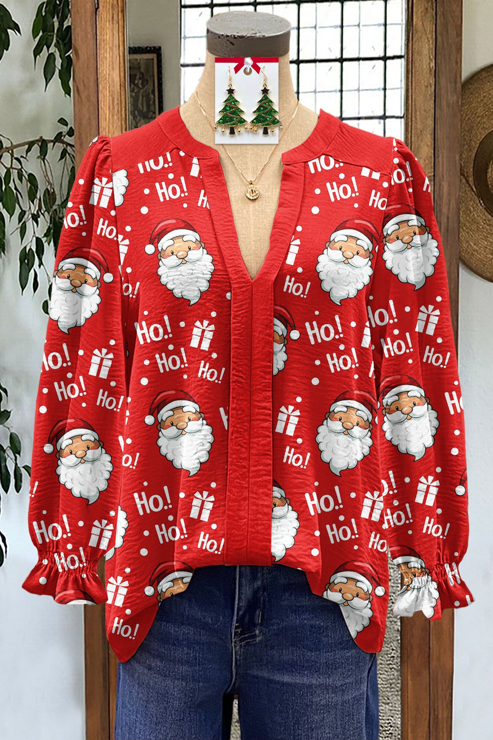 Classic Christmas Santa Claus Print V-Neck Blouse