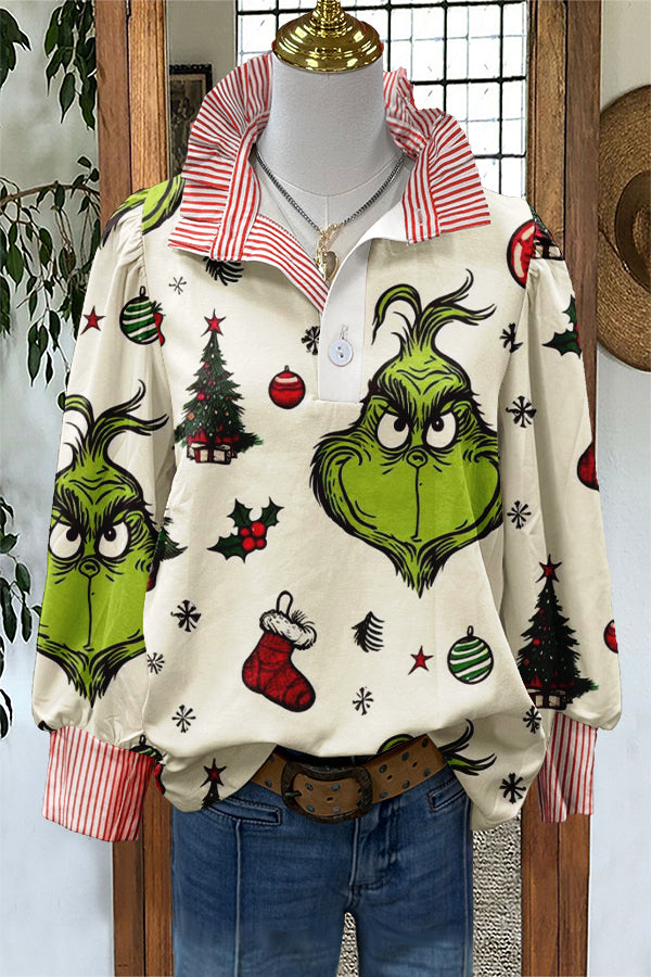 Classic Funny Christmas Grinch Print Stripe Puff Sleeve Blouse
