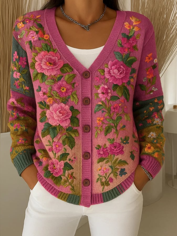 Women's Retro Pink Art Print Cardigan