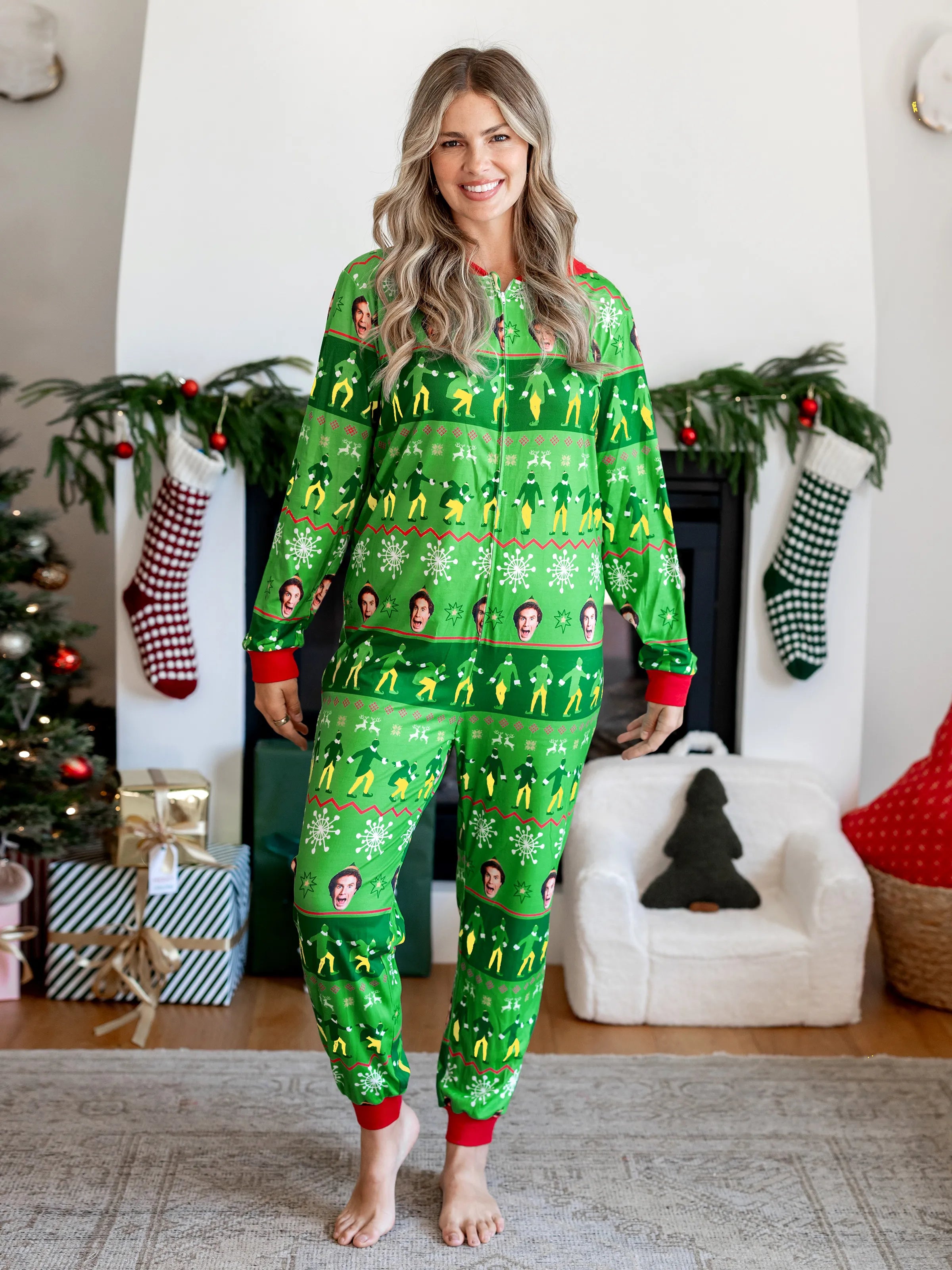 ELF Christmas Family Matching Fair Isle Pattern Hooded Jumpsuit Green