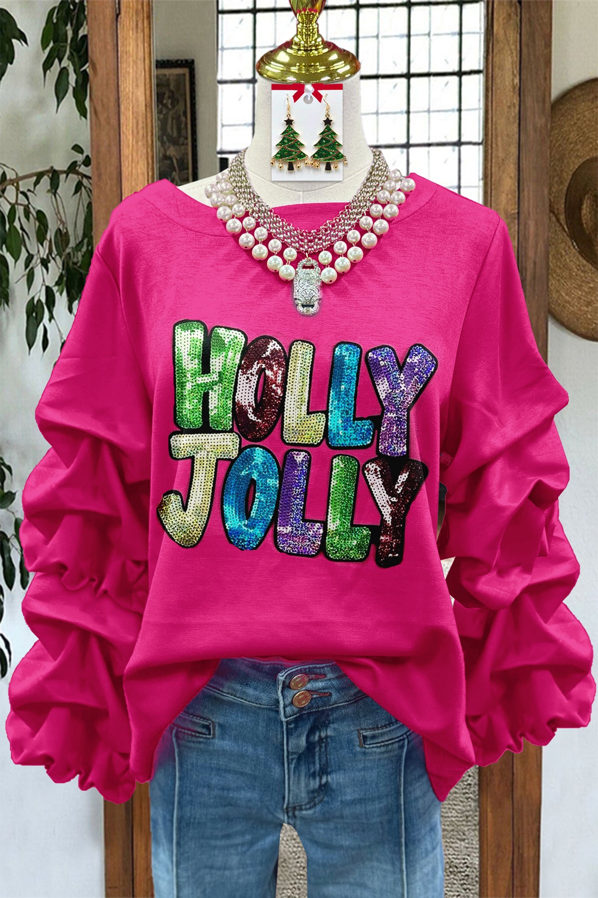 Cute Holly Jolly Sequin Print Pleated Sweatshirt
