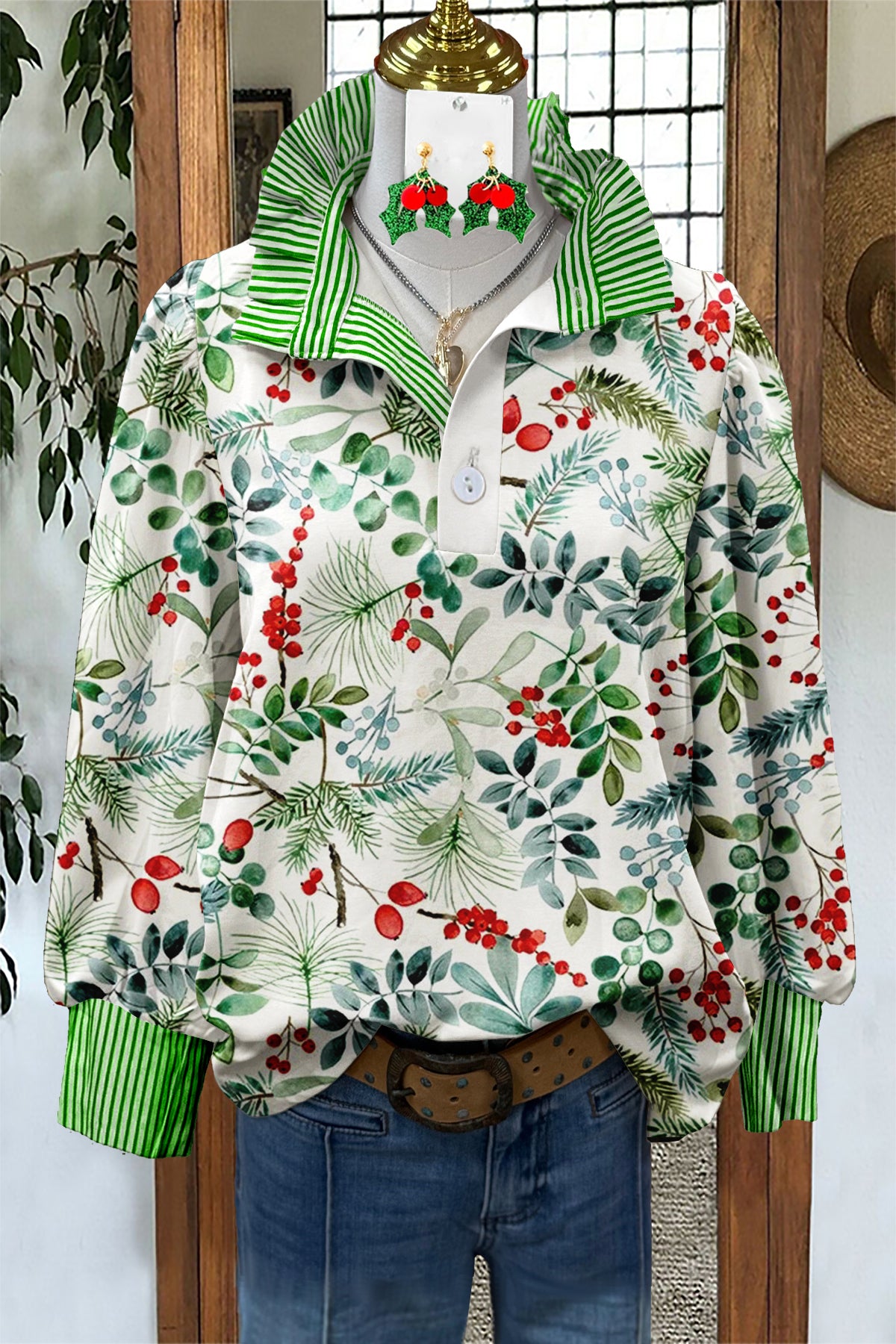 Christmas Holly Striped Graphic Print Blouse