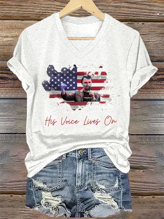V-Neck Retro His Voice Lives On Print T-Shirt