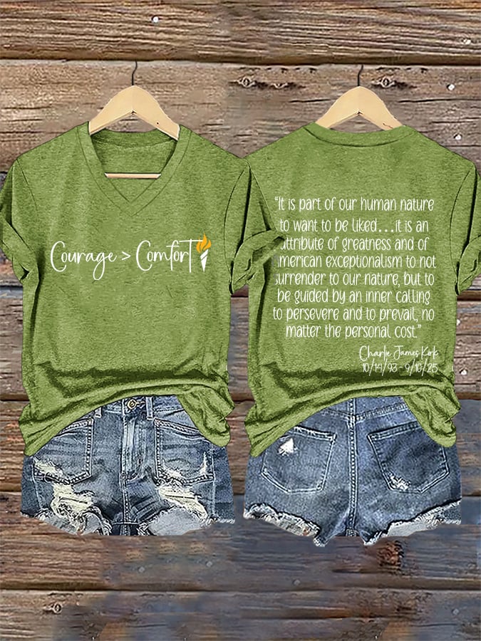 V-Neck Retro Courage > Comfort "It Is Part Of Our Human Nature To Want To Be Liked.It Is An Attribute Of Greatness And Of American Exceptionalism To Not Surrender To Our Nature Print T-Shirt