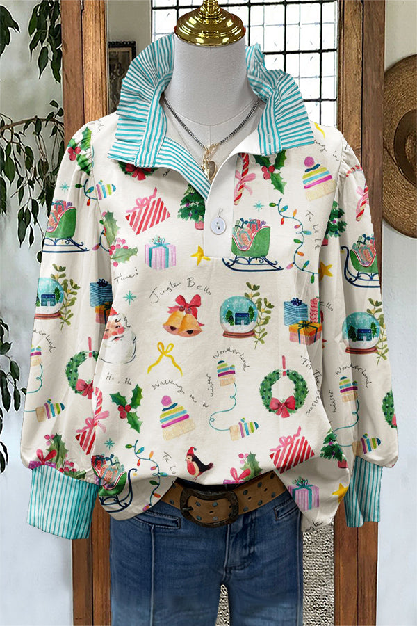 Sweet Christmas Print Puff Sleeve Blouse