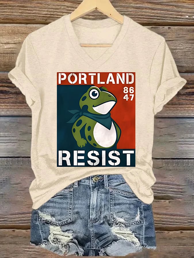 V-neck Women's  Portland Frog 8647 resist Print T-Shirt