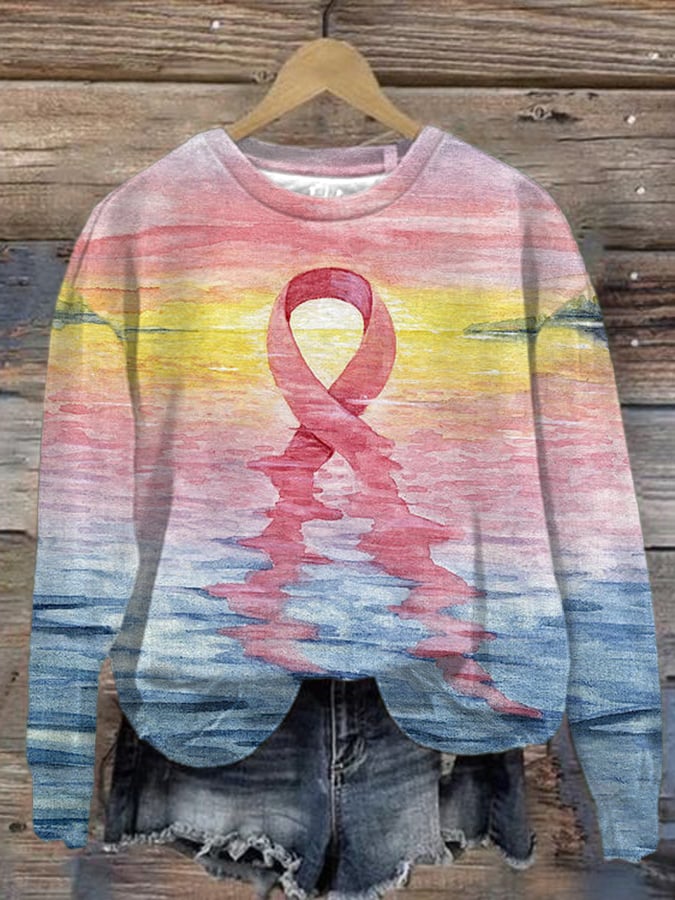 Women's Casual Breast Cancer Ribbon Print Long Sleeve Sweatshirt