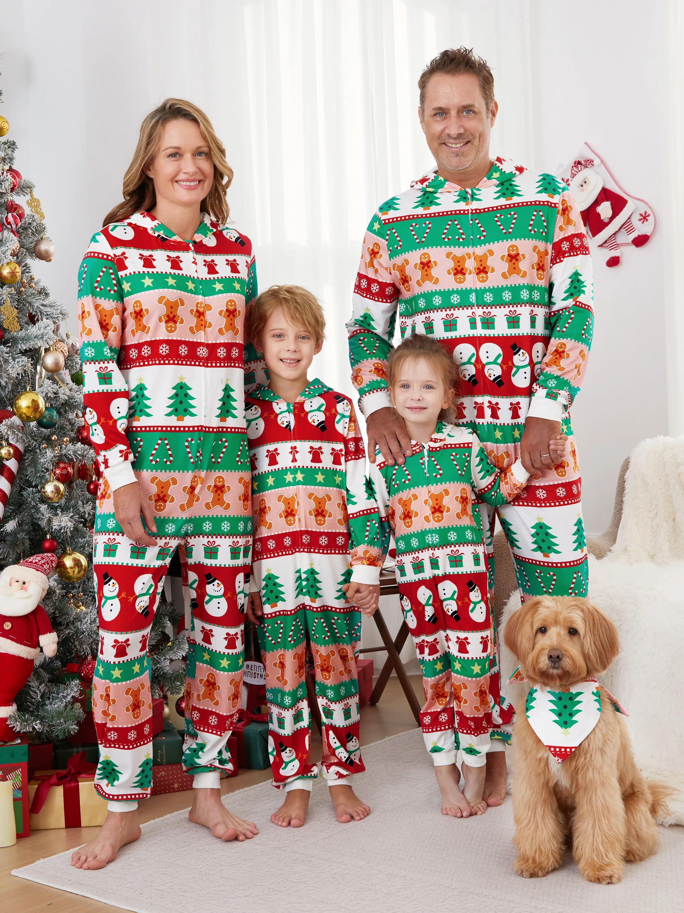 Onesies Pajamas Matching Christmas Outfits Allover Pattern Zipper Front Holly Jolly Print with Christmas Socks Back MultiColour