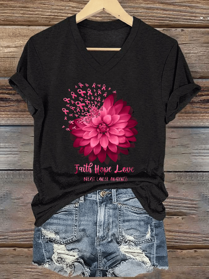 Women's Daisy Faith Pink Ribbon Breast Cancer Awareness Print V Neck Short Sleeve T-Shirt