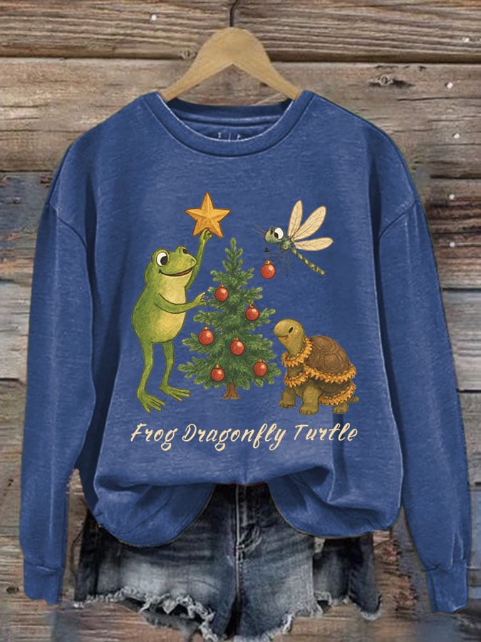 Women's Frog Dragonfly Turtle Printed Round Neck Sweatshirt