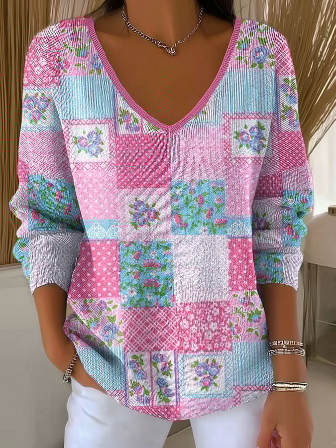 Women's Casual Breast Cancer Patchwork Print Long Sleeve T-Shirt