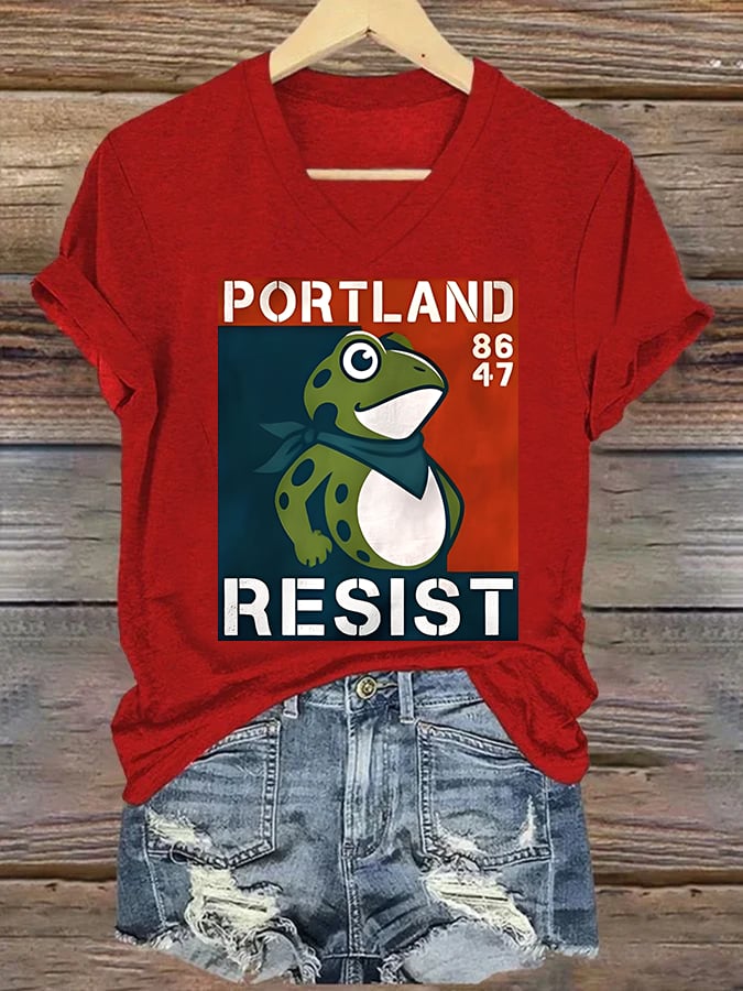 V-neck Women's  Portland Frog 8647 resist Print T-Shirt