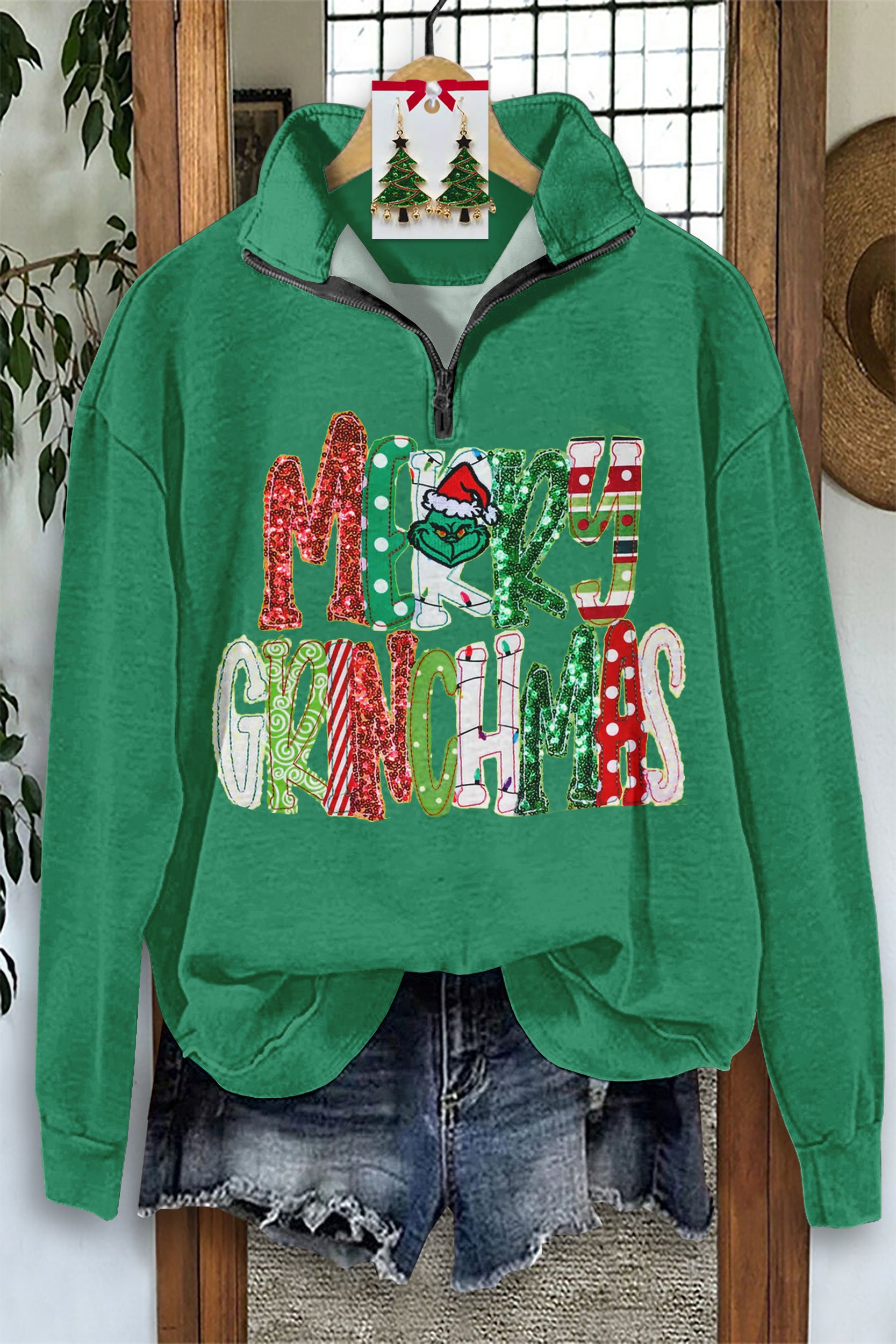 Classic Merry Christmas Grinch Print Zip-Up Sweatshirt
