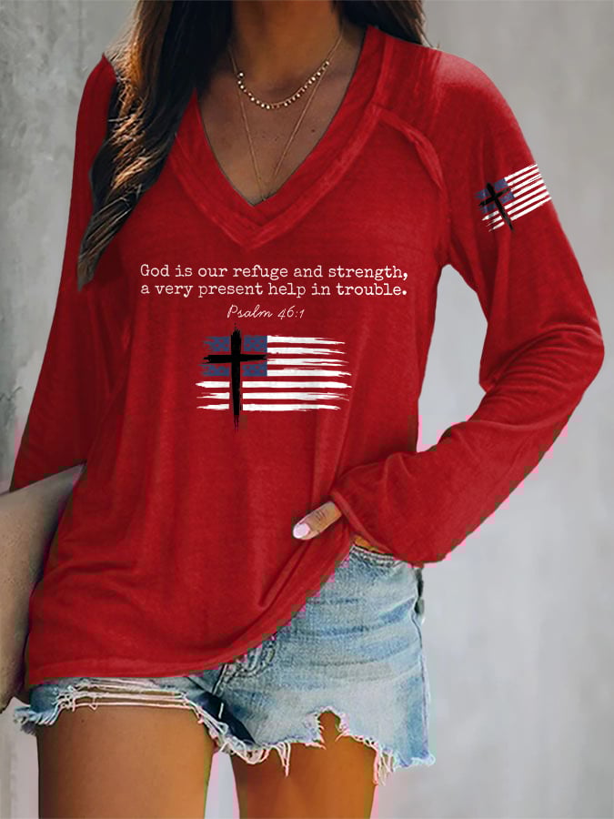 V-neck Retro God Is Our Refuge And Strength, A Very Present Help In Trouble Psalm 46:1 Print T-Shirt