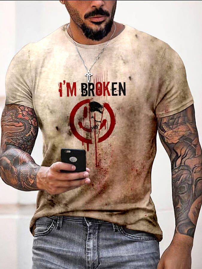Men's Halloween I'M Broken Skull Smiley Face Bloody Casual T-Shirt