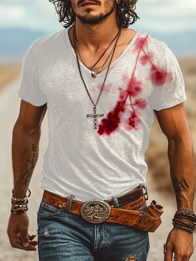 Men's Bloodstained Floral Print V-Neck T-Shirt