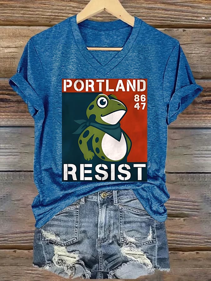 V-neck Women's  Portland Frog 8647 resist Print T-Shirt