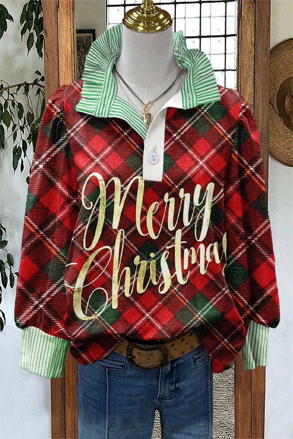 Cute Merry Christmas Plaid Print Puff Sleeve Blouse