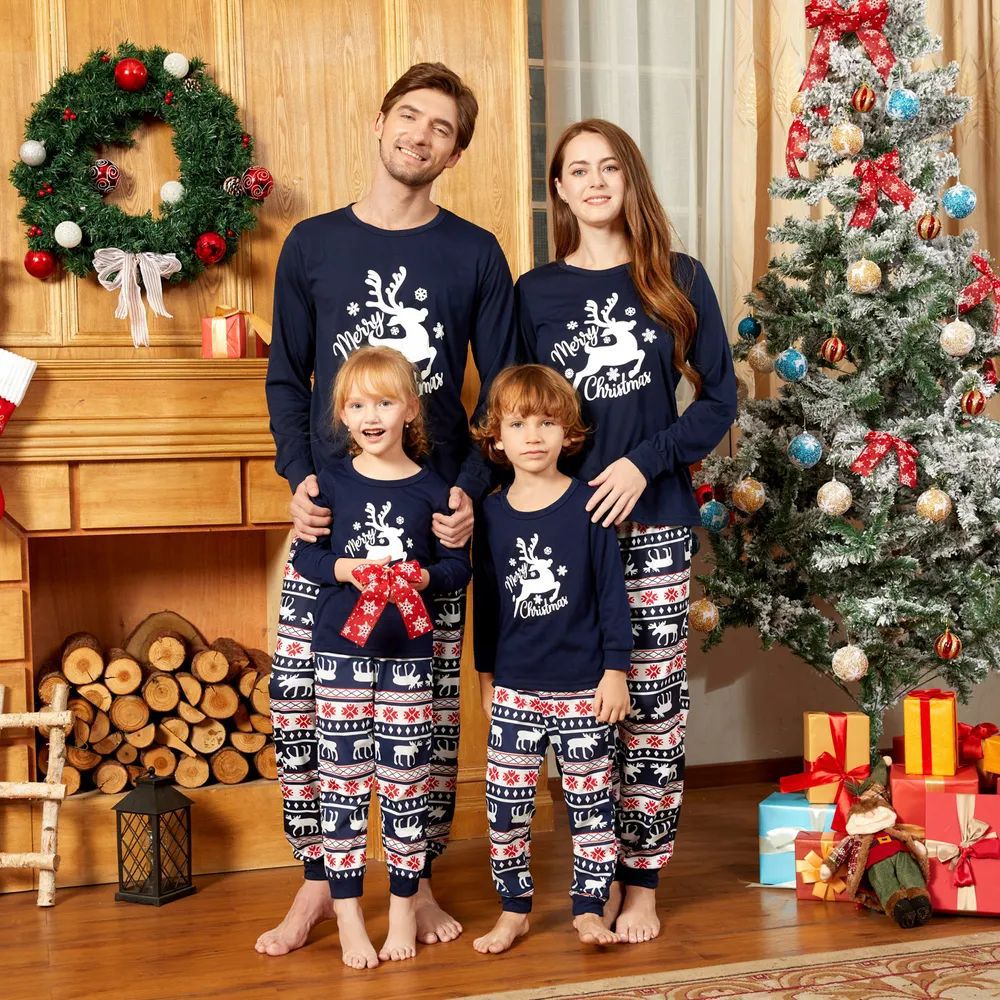 Blue Christmas Elk Pattern Matching Family Christmas Pajamas
