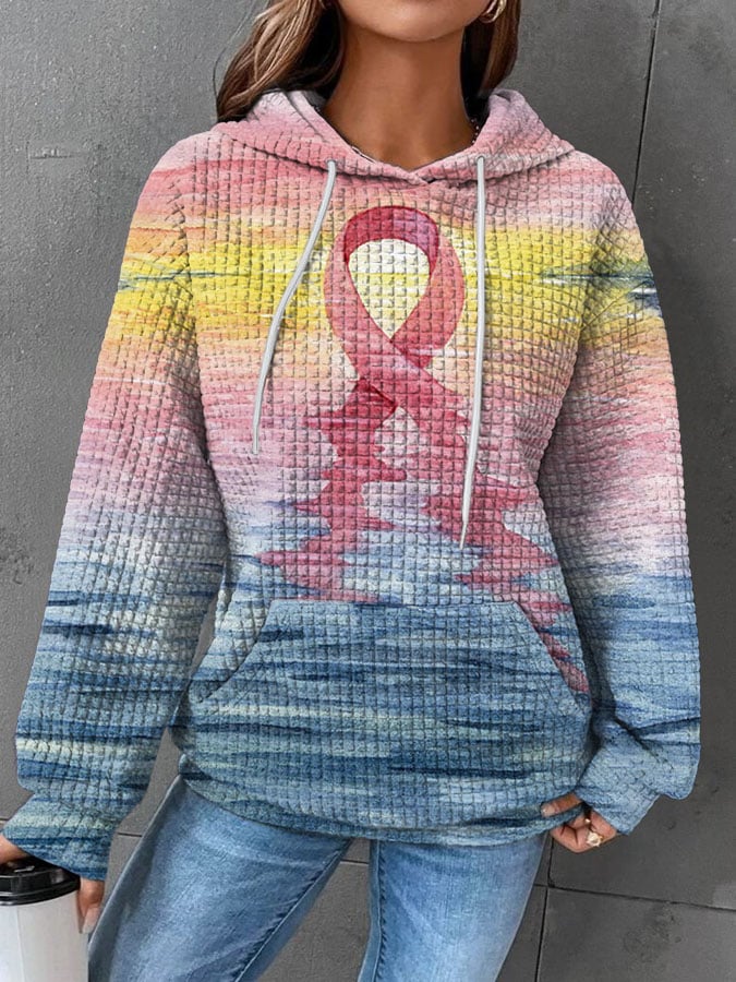 Women'S  Pink Breast Cancer Ribbon Print Printed Hoodie Long Sleeve Sweatshirt