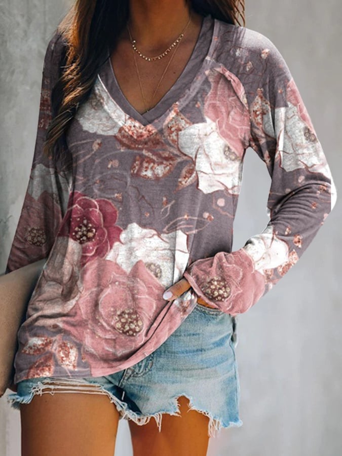 Women's Breast Cancer Flower Print Casual Long Sleeve V Neck T-Shirt