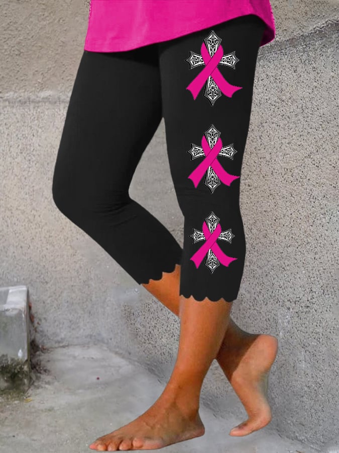 Faith Breast Cancer Awareness Cross Wavy Edge Print Leggings